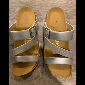 Silver with Glitter Strappy Sandals. Size 38. Never Worn. Adjustable strap.